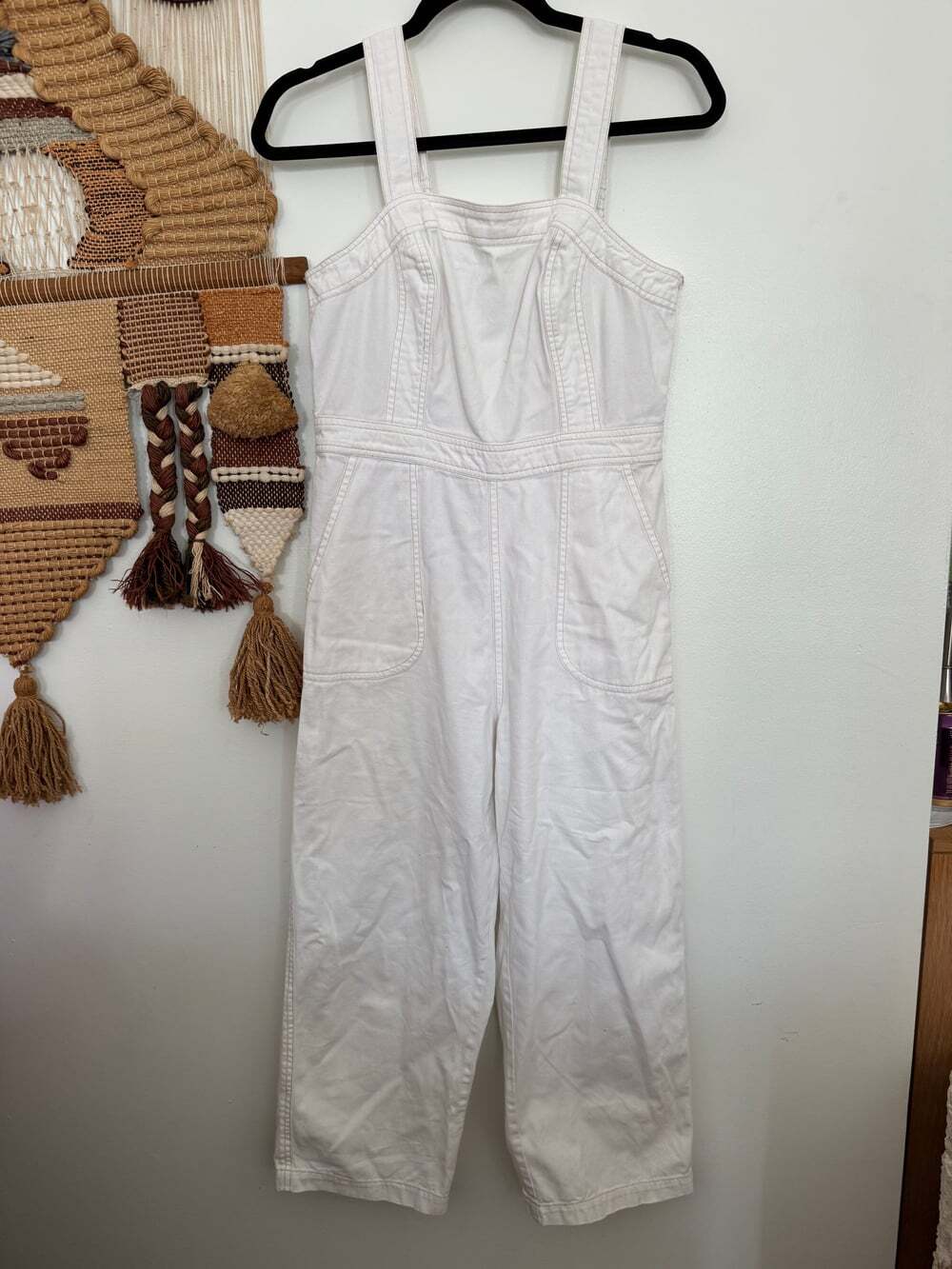 Japna White Wide Leg Overall Jumpsuit Size M Smocked Back Contrast Stitch